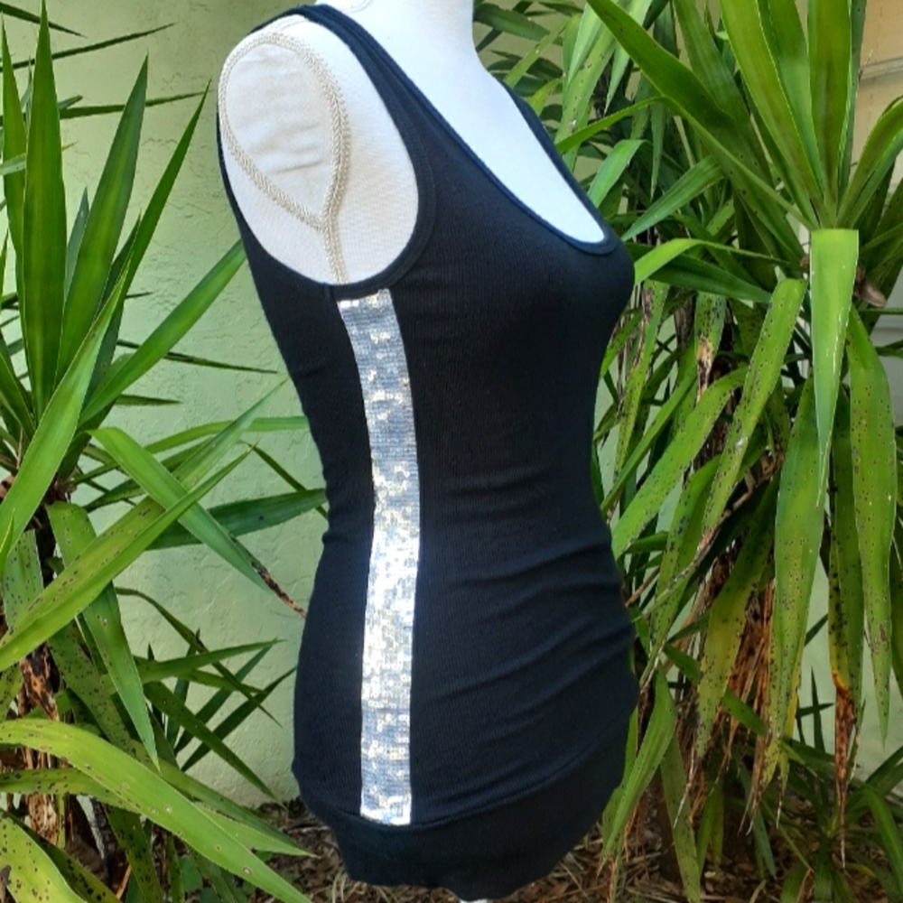 Black Tank with Silver Sequin Side Stripe